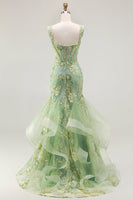 Load image into Gallery viewer, Sparkly Floral Green Mermaid Ruffled Corset Long Prom Dress