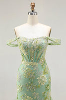 Load image into Gallery viewer, Sparkly Floral Green Mermaid Ruffled Corset Long Prom Dress