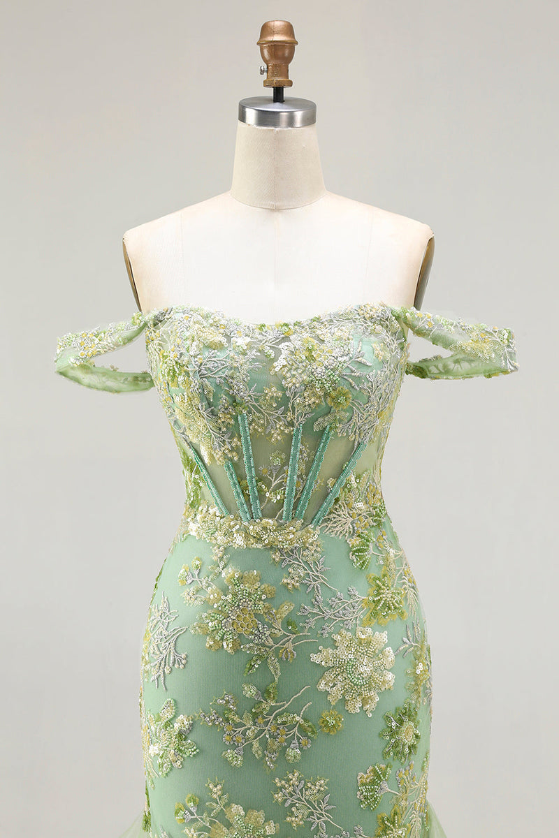 Load image into Gallery viewer, Sparkly Floral Green Mermaid Ruffled Corset Long Prom Dress