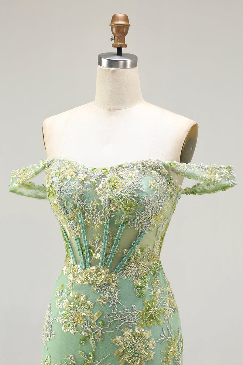 Load image into Gallery viewer, Sparkly Floral Green Mermaid Ruffled Corset Long Prom Dress