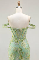 Load image into Gallery viewer, Sparkly Floral Green Mermaid Ruffled Corset Long Prom Dress