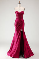 Load image into Gallery viewer, Champagne Satin Corset Long Mermaid Prom Dress with Slit