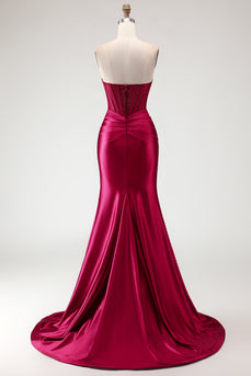 Burgundy Satin Corset Long Mermaid Prom Dress with Slit