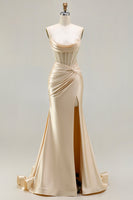 Load image into Gallery viewer, Champagne Satin Corset Long Mermaid Prom Dress with Slit
