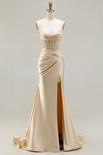 Champagne Satin Corset Long Mermaid Prom Dress with Slit