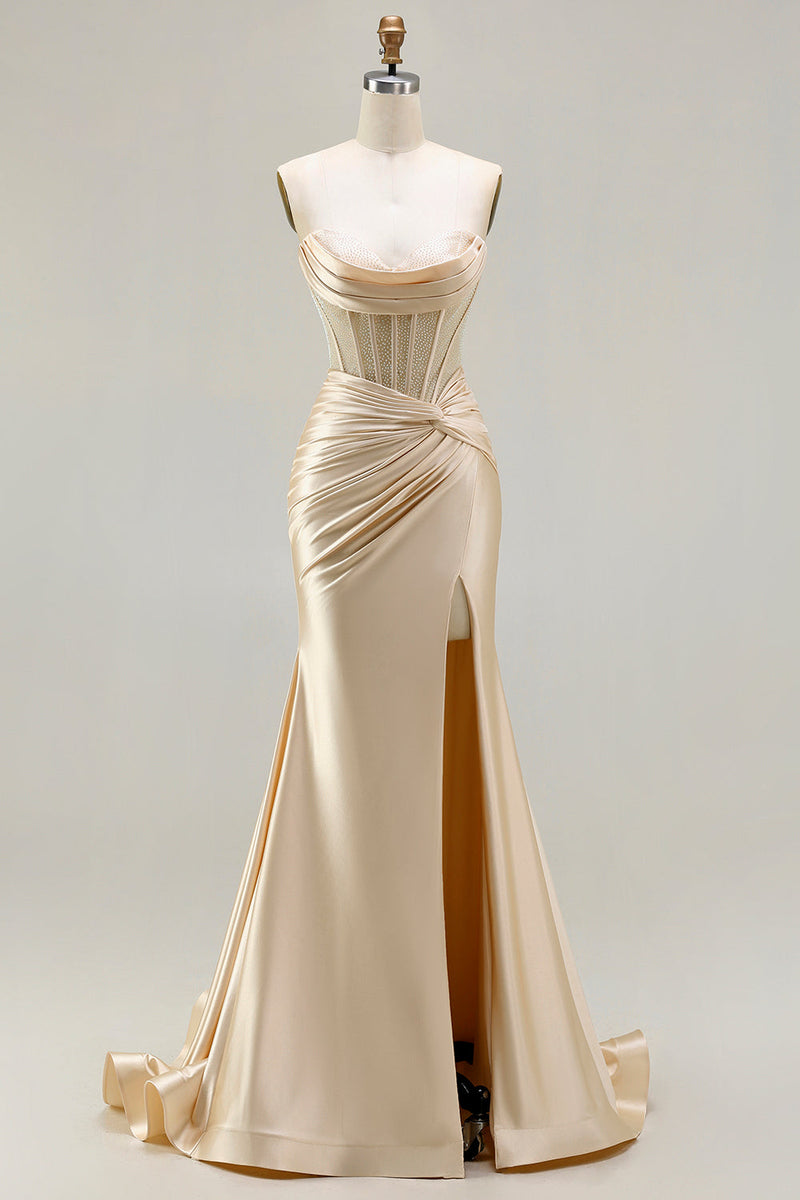 Load image into Gallery viewer, Champagne Satin Corset Long Mermaid Prom Dress with Slit