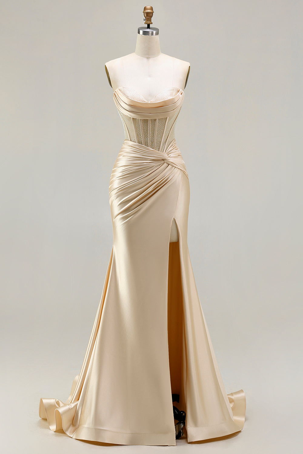 Champagne Satin Corset Long Mermaid Prom Dress with Slit
