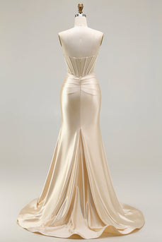 Champagne Satin Corset Long Mermaid Prom Dress with Slit