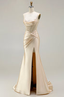 Load image into Gallery viewer, Champagne Satin Corset Long Mermaid Prom Dress with Slit