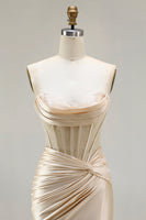 Load image into Gallery viewer, Champagne Satin Corset Long Mermaid Prom Dress with Slit