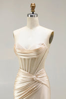 Load image into Gallery viewer, Champagne Satin Corset Long Mermaid Prom Dress with Slit