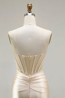 Load image into Gallery viewer, Champagne Satin Corset Long Mermaid Prom Dress with Slit