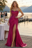 Load image into Gallery viewer, Burgundy Satin Corset Long Mermaid Prom Dress with Slit