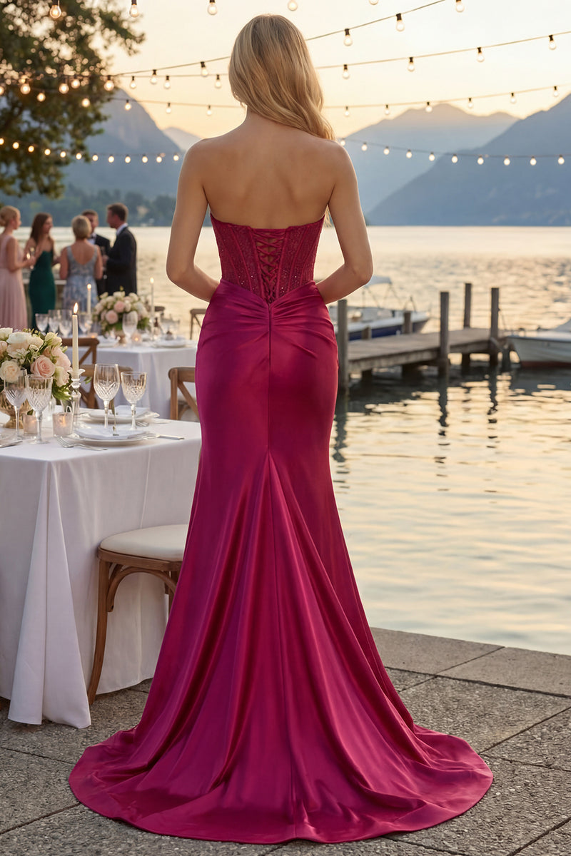 Load image into Gallery viewer, Burgundy Satin Corset Long Mermaid Prom Dress with Slit