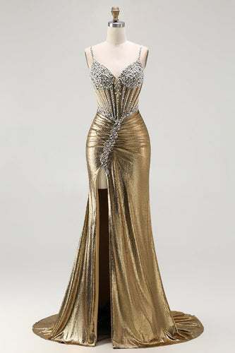 Sparkly Golden Metallic Corset Long Mermaid Prom Dress with Slit
