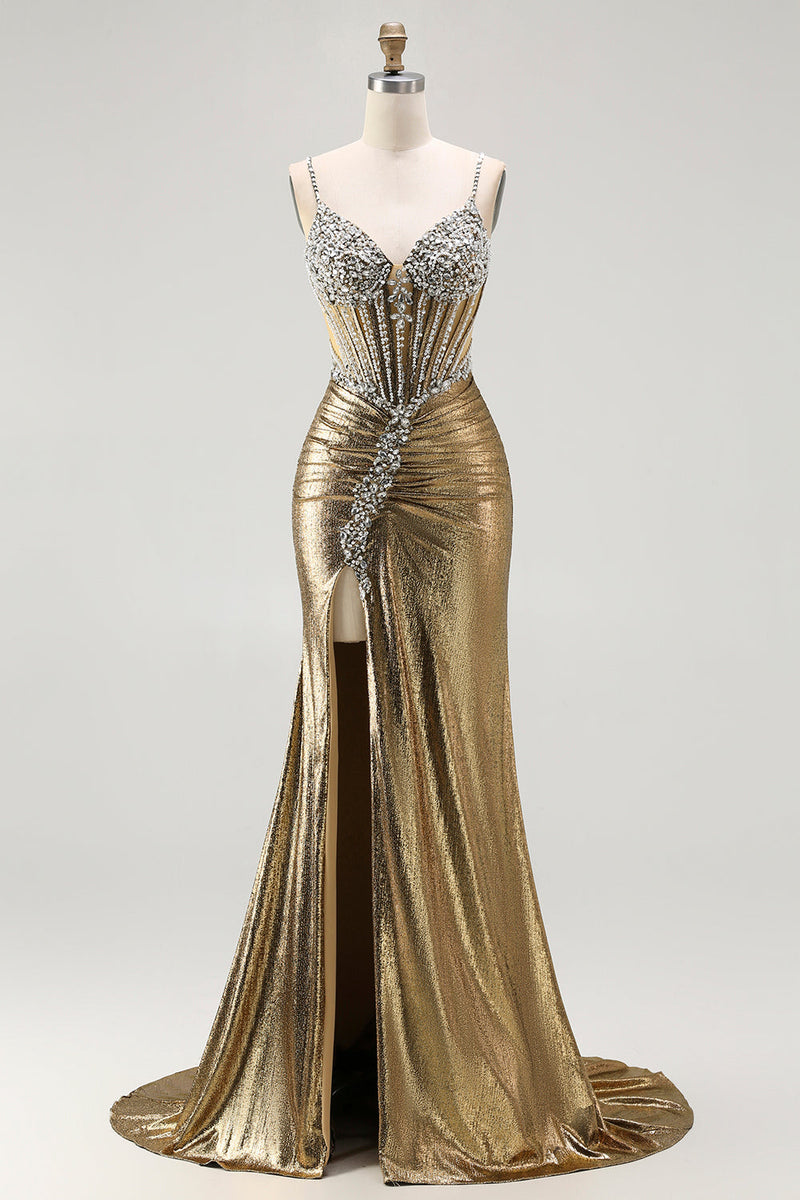 Load image into Gallery viewer, Sparkly Golden Metallic Corset Long Mermaid Prom Dress with Slit