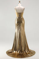 Load image into Gallery viewer, Sparkly Golden Metallic Corset Long Mermaid Prom Dress with Slit