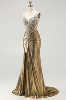 Load image into Gallery viewer, Sparkly Golden Metallic Corset Long Mermaid Prom Dress with Slit