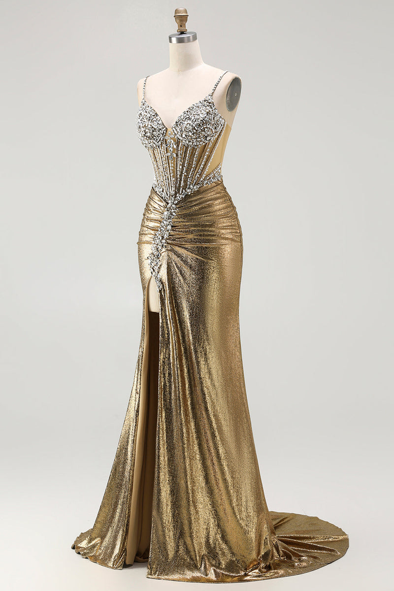 Load image into Gallery viewer, Sparkly Golden Metallic Corset Long Mermaid Prom Dress with Slit