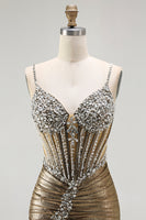 Load image into Gallery viewer, Sparkly Golden Metallic Corset Long Mermaid Prom Dress with Slit