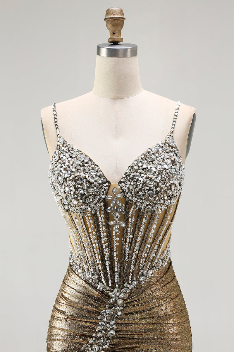 Load image into Gallery viewer, Sparkly Golden Metallic Corset Long Mermaid Prom Dress with Slit