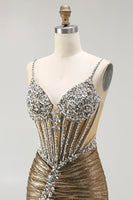 Load image into Gallery viewer, Sparkly Golden Metallic Corset Long Mermaid Prom Dress with Slit