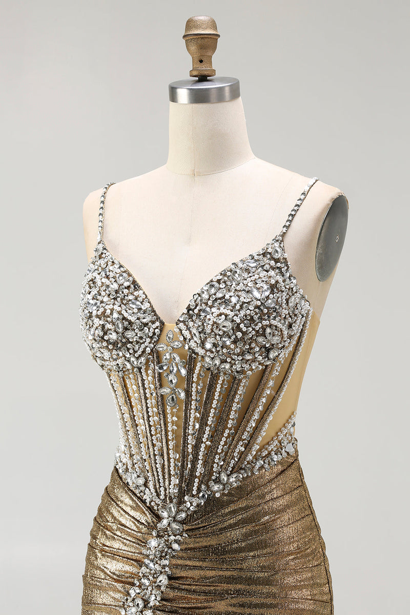 Load image into Gallery viewer, Sparkly Golden Metallic Corset Long Mermaid Prom Dress with Slit