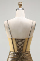 Load image into Gallery viewer, Sparkly Golden Metallic Corset Long Mermaid Prom Dress with Slit