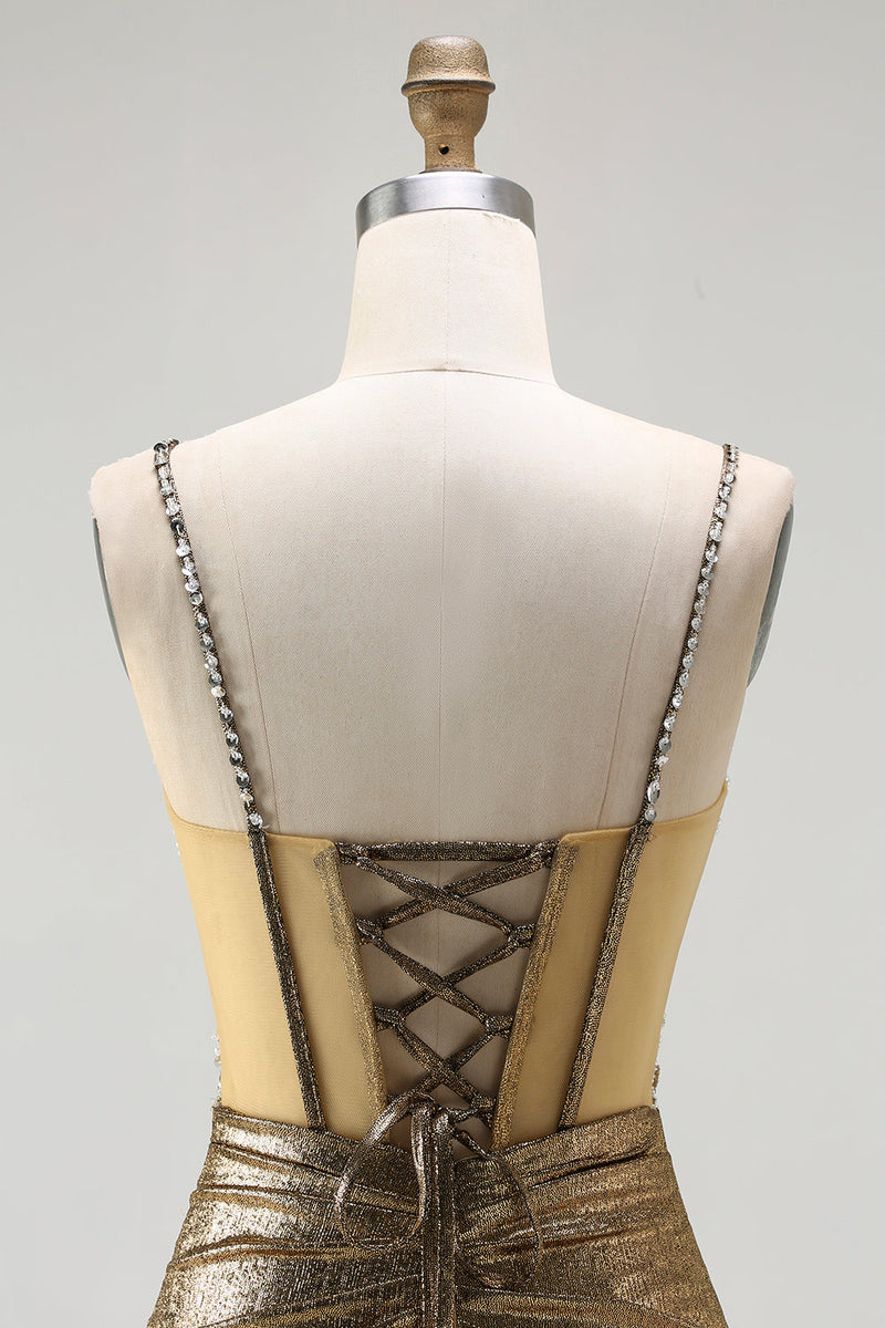 Load image into Gallery viewer, Sparkly Golden Metallic Corset Long Mermaid Prom Dress with Slit