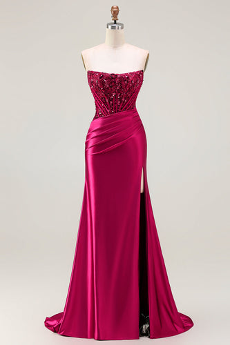 Sparkly Burgundy Strapless Mermaid Corset Long Prom Dress with Slit