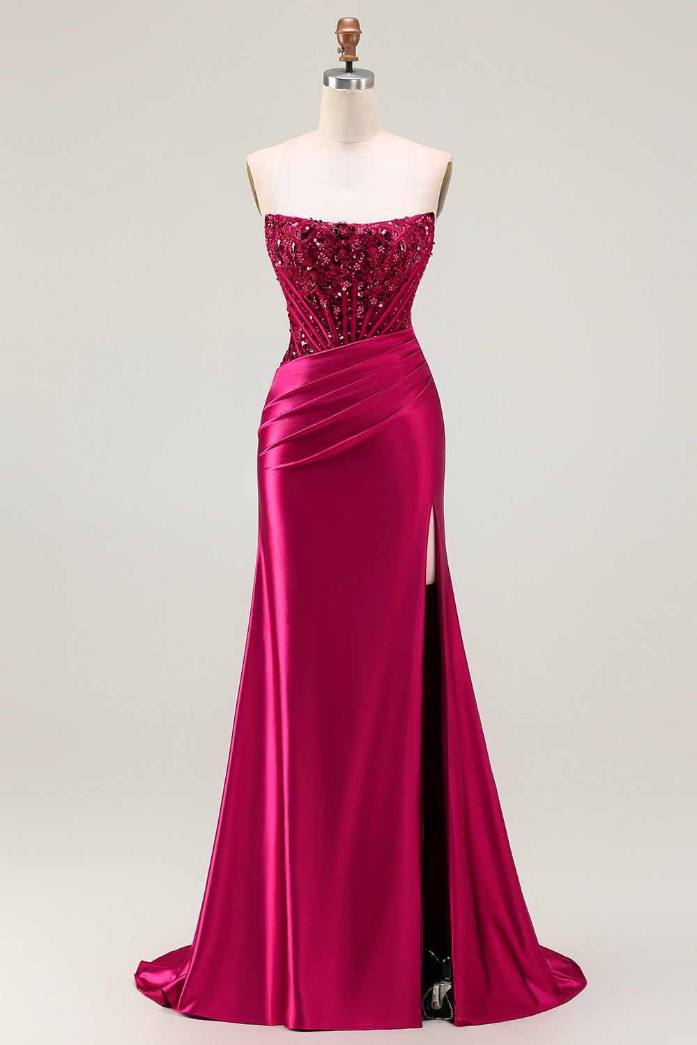 Sparkly Burgundy Strapless Mermaid Corset Long Prom Dress with Slit