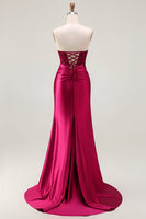 Load image into Gallery viewer, Sparkly Burgundy Strapless Mermaid Corset Long Prom Dress with Slit