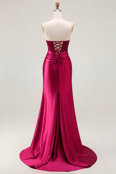 Sparkly Burgundy Strapless Mermaid Corset Long Prom Dress with Slit