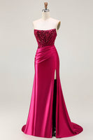 Load image into Gallery viewer, Sparkly Burgundy Strapless Mermaid Corset Long Prom Dress with Slit