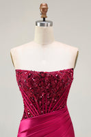 Load image into Gallery viewer, Sparkly Burgundy Strapless Mermaid Corset Long Prom Dress with Slit