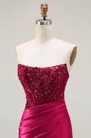 Load image into Gallery viewer, Sparkly Burgundy Strapless Mermaid Corset Long Prom Dress with Slit