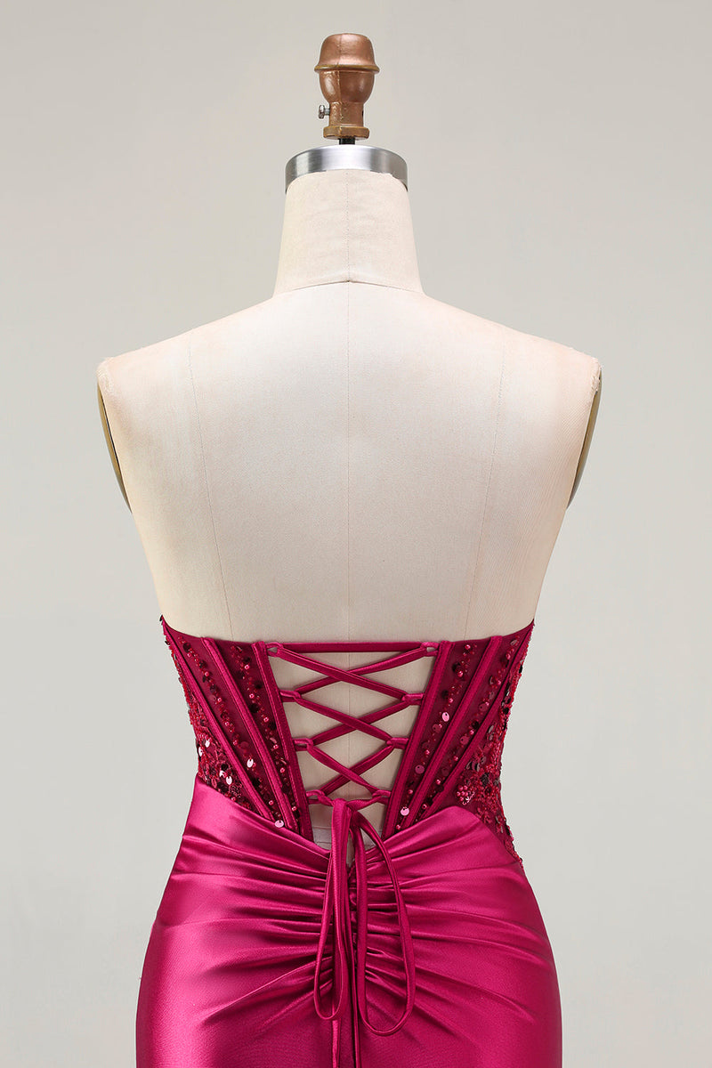 Load image into Gallery viewer, Sparkly Burgundy Strapless Mermaid Corset Long Prom Dress with Slit
