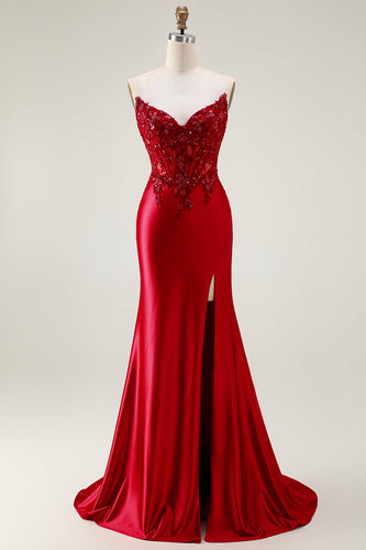 Sparkly Red Strapless Appliqued Corset Mermaid Long Prom Dress with Slit