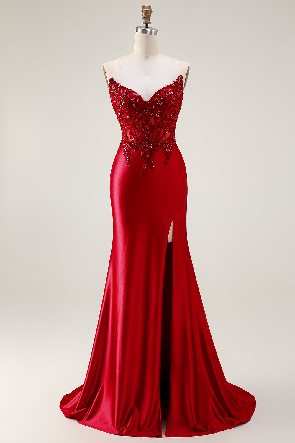 Sparkly Red Strapless Appliqued Corset Mermaid Long Prom Dress with Slit