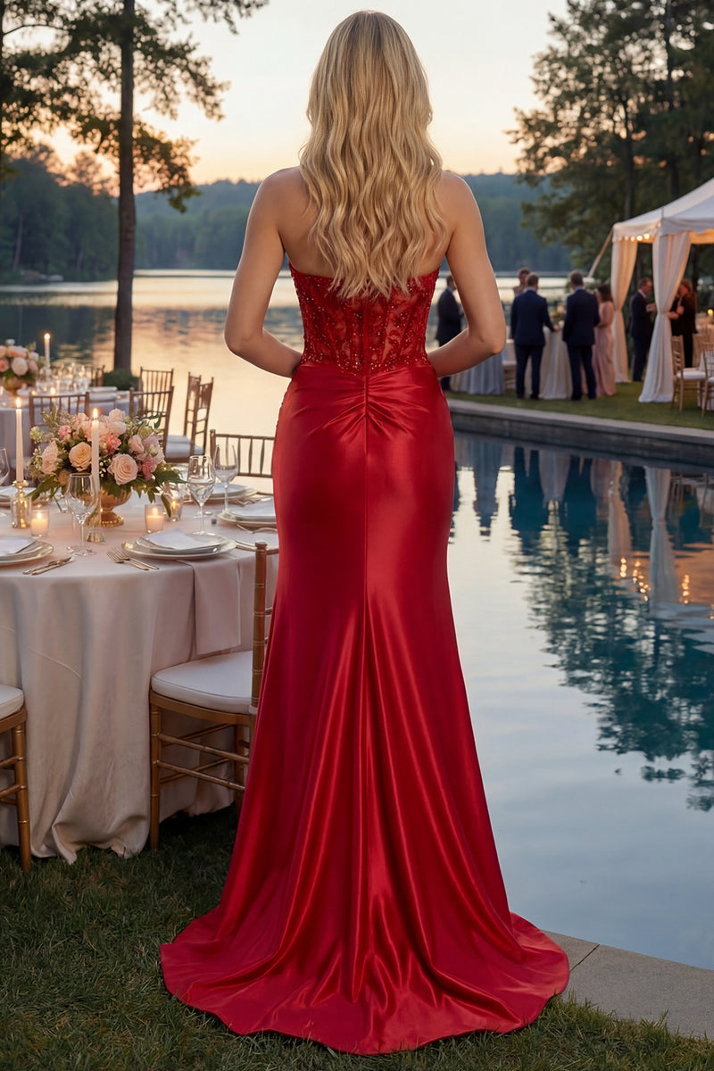 Load image into Gallery viewer, Sparkly Red Strapless Appliqued Corset Mermaid Long Prom Dress with Slit