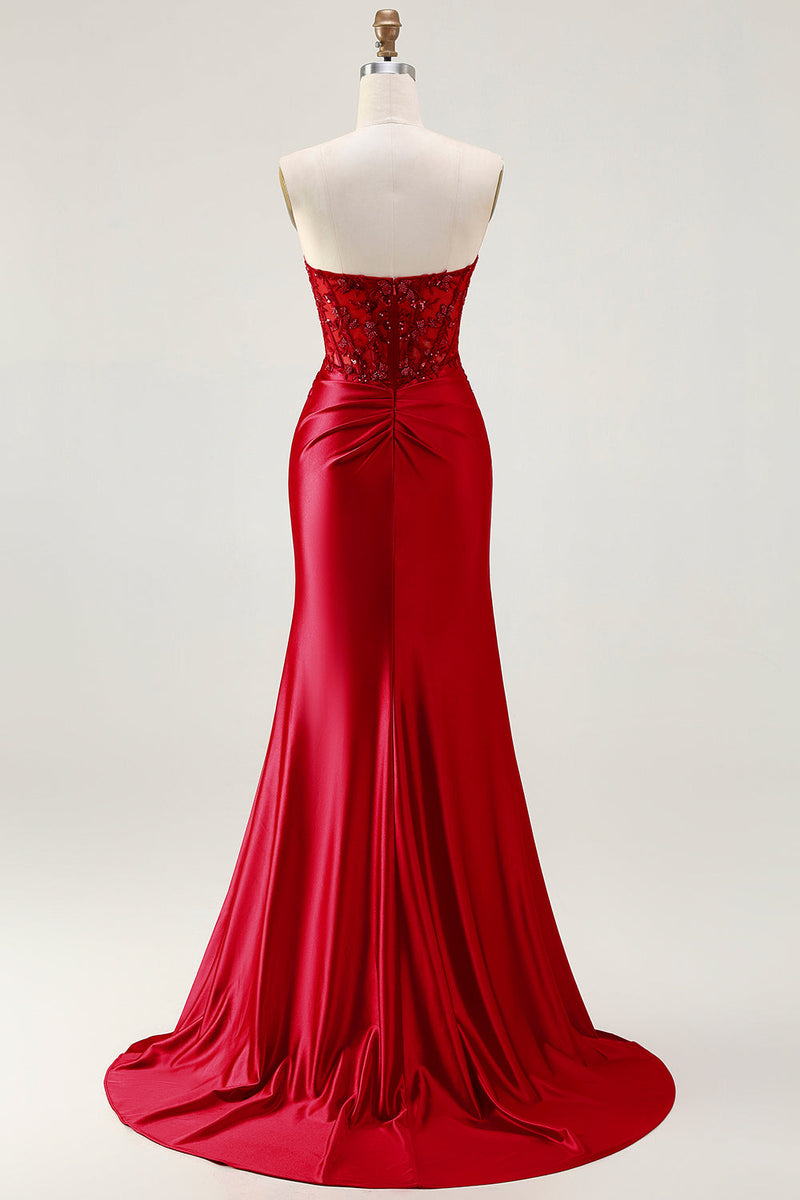 Load image into Gallery viewer, Sparkly Red Strapless Appliqued Corset Mermaid Long Prom Dress with Slit