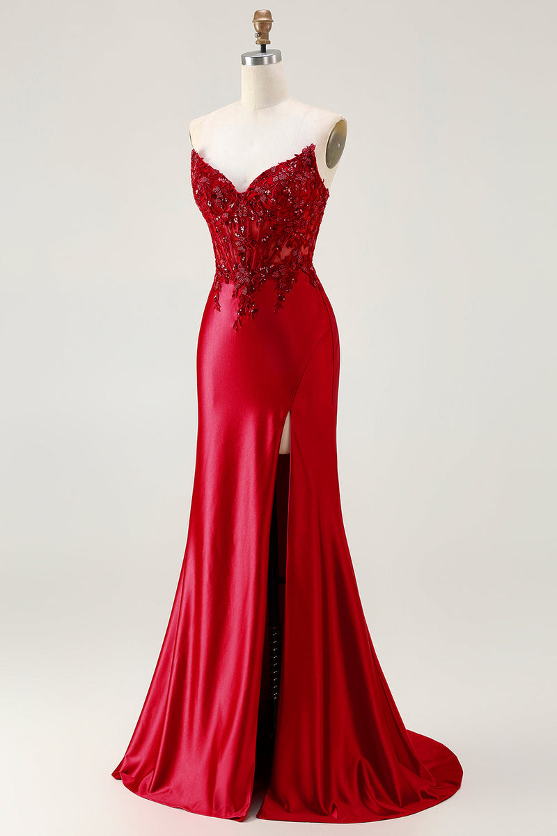 Load image into Gallery viewer, Sparkly Red Strapless Appliqued Corset Mermaid Long Prom Dress with Slit
