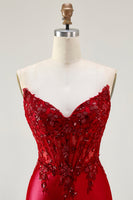 Load image into Gallery viewer, Sparkly Red Strapless Appliqued Corset Mermaid Long Prom Dress with Slit