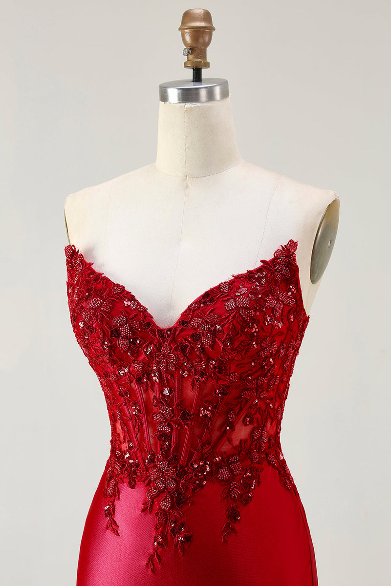 Load image into Gallery viewer, Sparkly Red Strapless Appliqued Corset Mermaid Long Prom Dress with Slit