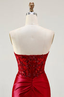 Load image into Gallery viewer, Sparkly Red Strapless Appliqued Corset Mermaid Long Prom Dress with Slit