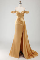 Load image into Gallery viewer, Sparkly Golden Long Mermaid Prom Dress with Side Cape