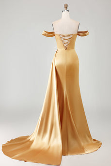Sparkly Golden Long Mermaid Prom Dress with Side Cape