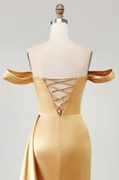 Load image into Gallery viewer, Sparkly Golden Long Mermaid Prom Dress with Side Cape