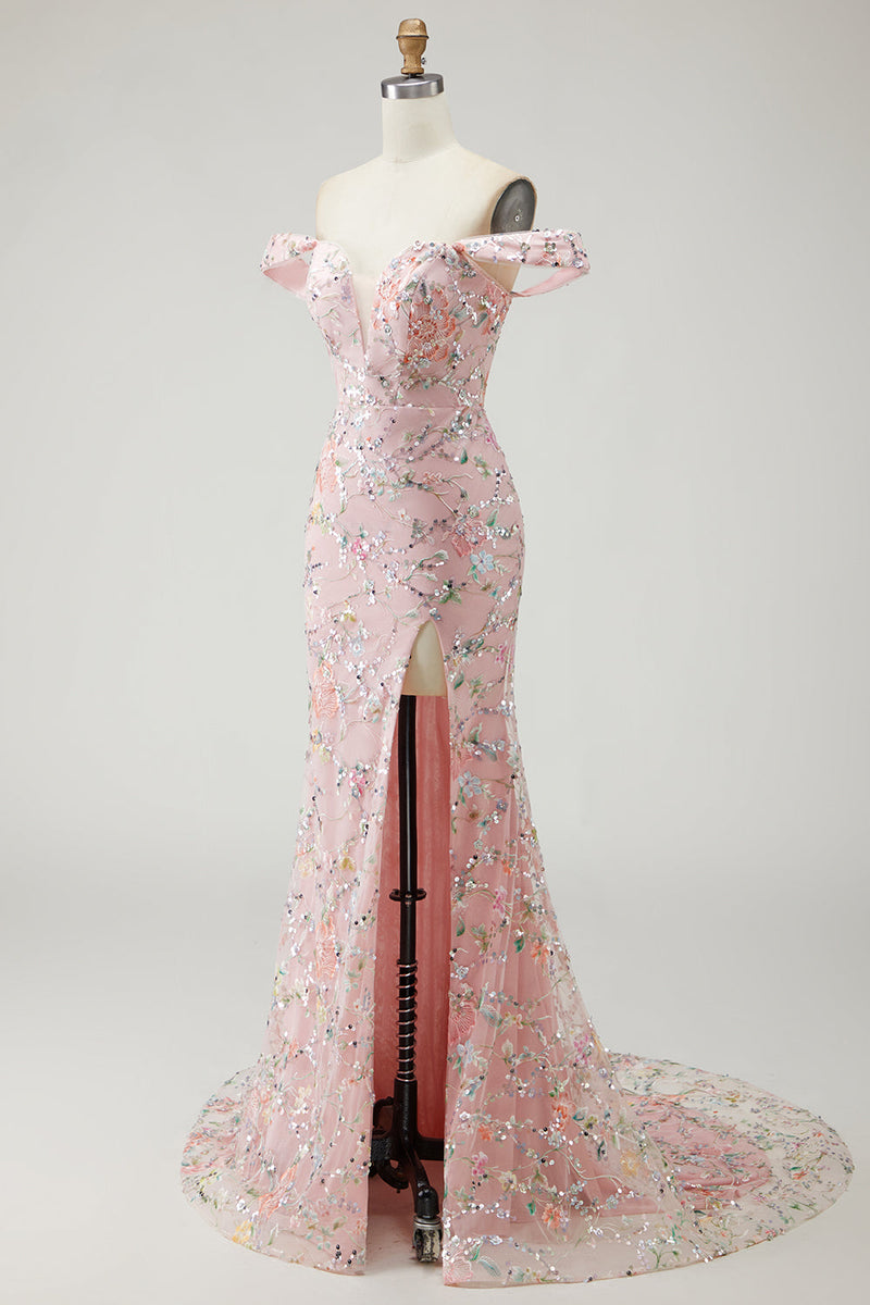 Load image into Gallery viewer, Floral Yellow Off the Shoulder Mermaid Long Prom Dress with Embroidery