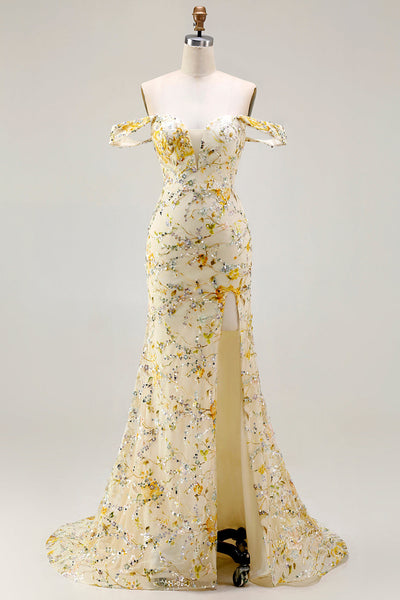 Floral Yellow Off the Shoulder Mermaid Long Prom Dress with Embroidery